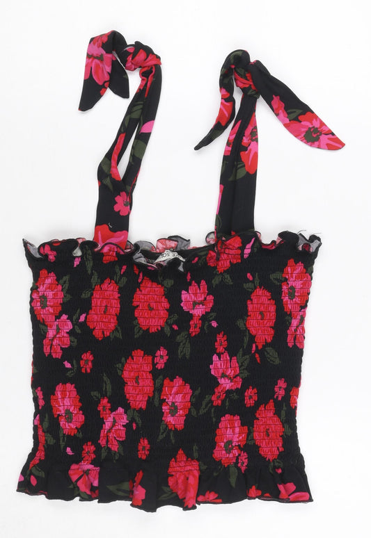 Brave Soul Women Black Floral Tie Strap Smocked Camisole Top Size L