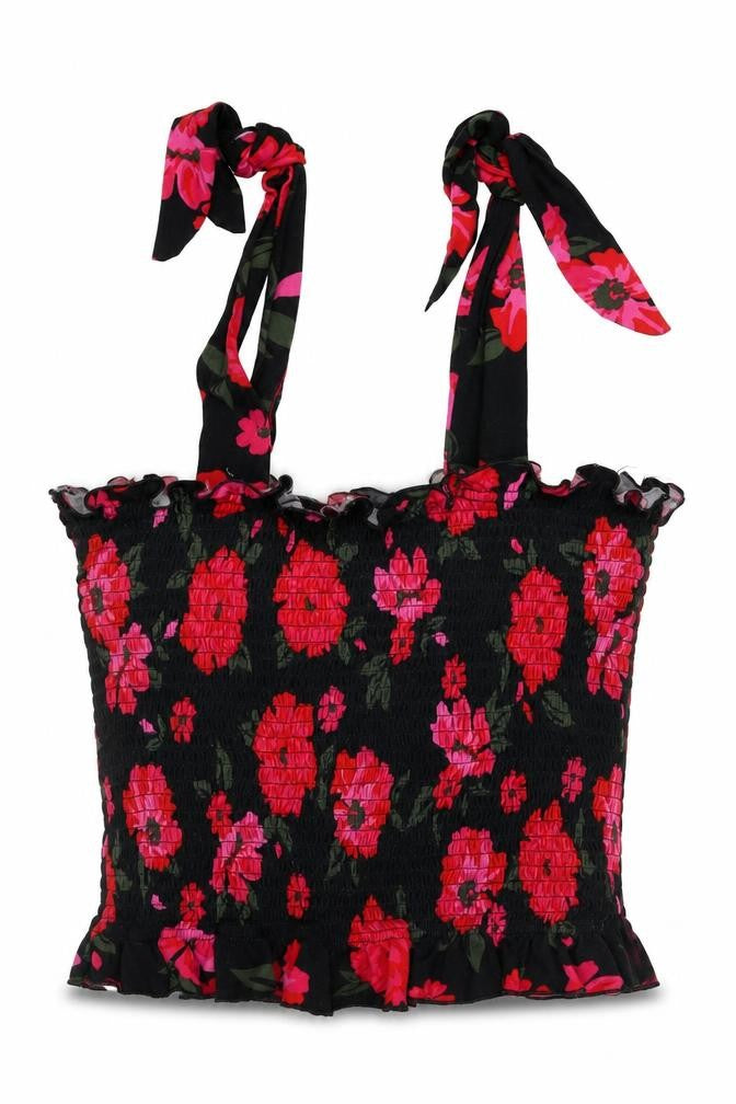 Brave Soul Women Black Floral Tie Strap Smocked Camisole Top Size L