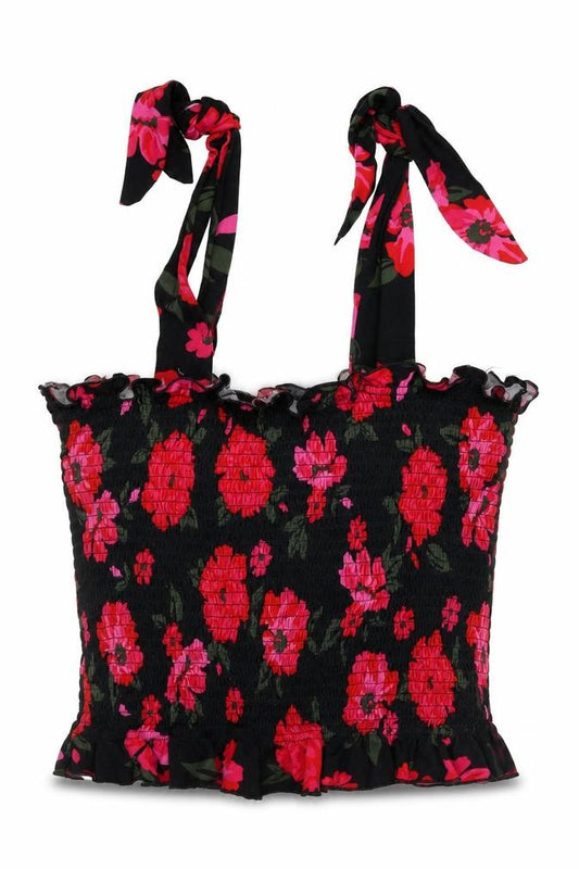Brave Soul Women Black Floral Tie Strap Smocked Camisole Top Size L