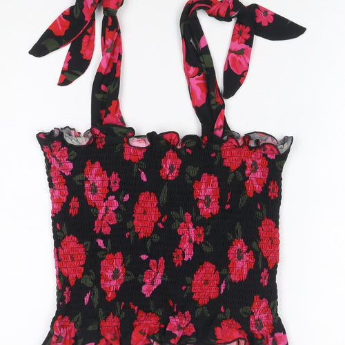 Brave Soul Women Black Floral Tie Strap Smocked Camisole Top Size L