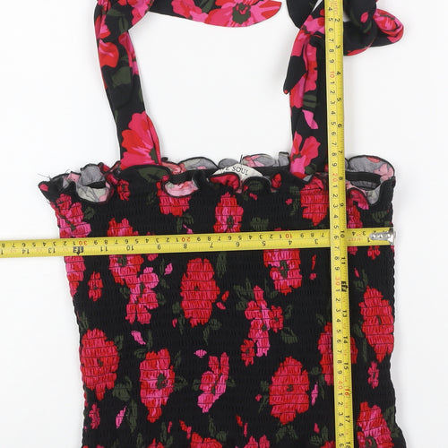 Brave Soul Women Black Floral Tie Strap Smocked Camisole Top Size L