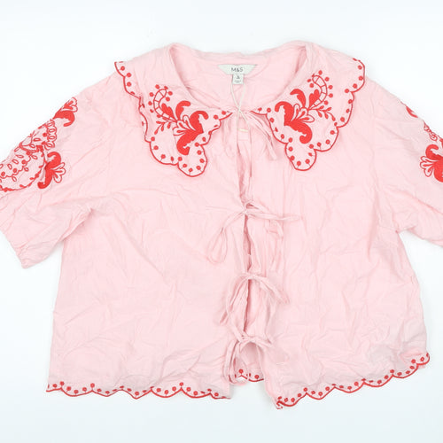 Marks and Spencer Women Pink Size 14 Embroidered Tie Front Blouse