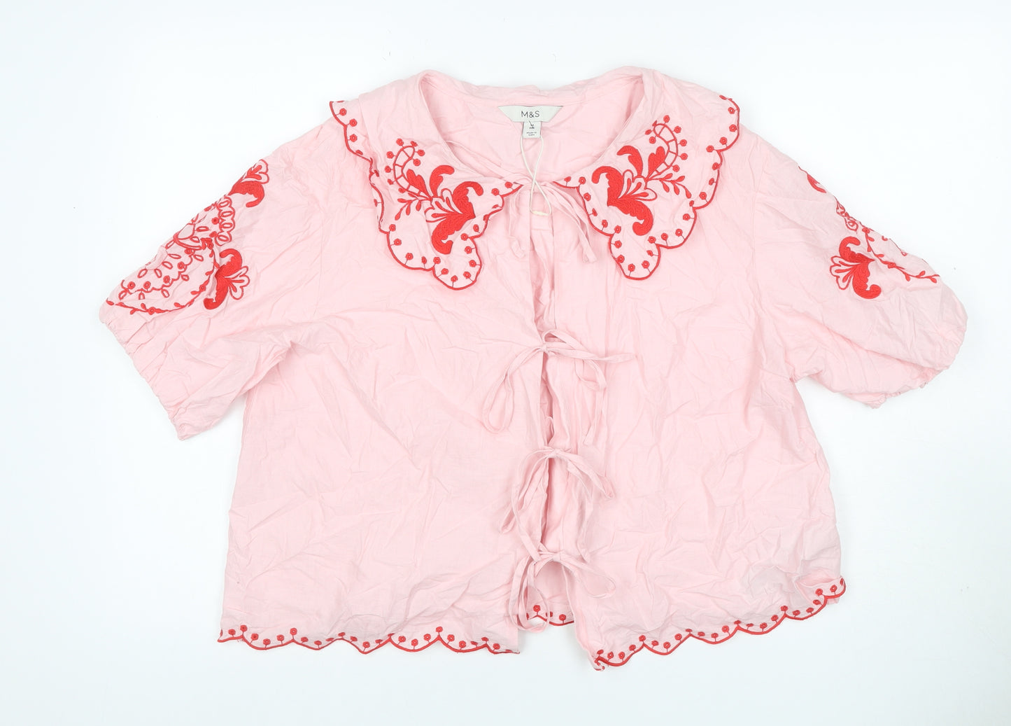 Marks and Spencer Women Pink Size 14 Embroidered Tie Front Blouse