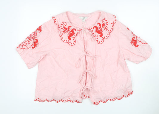 Marks and Spencer Women Pink Size 14 Embroidered Tie Front Blouse