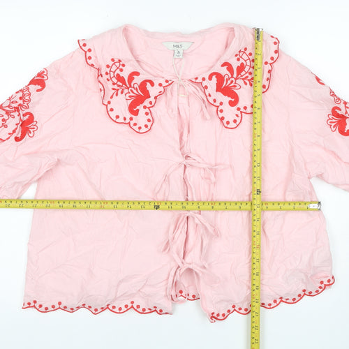 Marks and Spencer Women Pink Size 14 Embroidered Tie Front Blouse