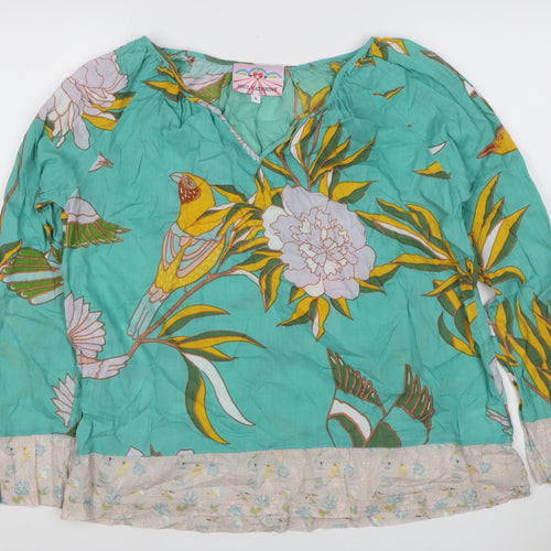 Soul Kathrine Women Green L Floral Bird Cotton Ruffle Hem Blouse
