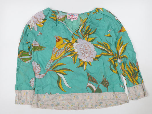 Soul Kathrine Women Green L Floral Bird Cotton Ruffle Hem Blouse