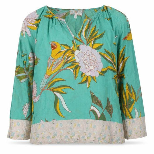 Soul Kathrine Women Green L Floral Bird Cotton Ruffle Hem Blouse