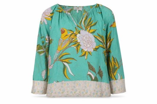 Soul Kathrine Women Green L Floral Bird Cotton Ruffle Hem Blouse