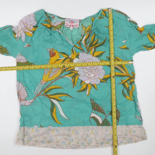 Soul Kathrine Women Green L Floral Bird Cotton Ruffle Hem Blouse