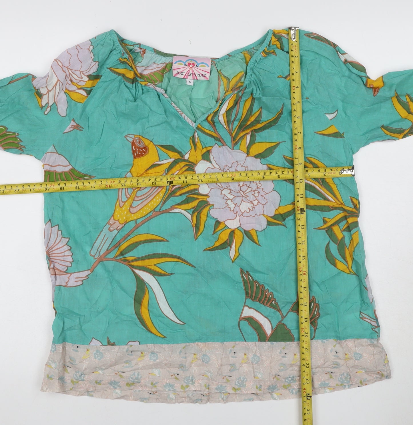Soul Kathrine Women Green L Floral Bird Cotton Ruffle Hem Blouse
