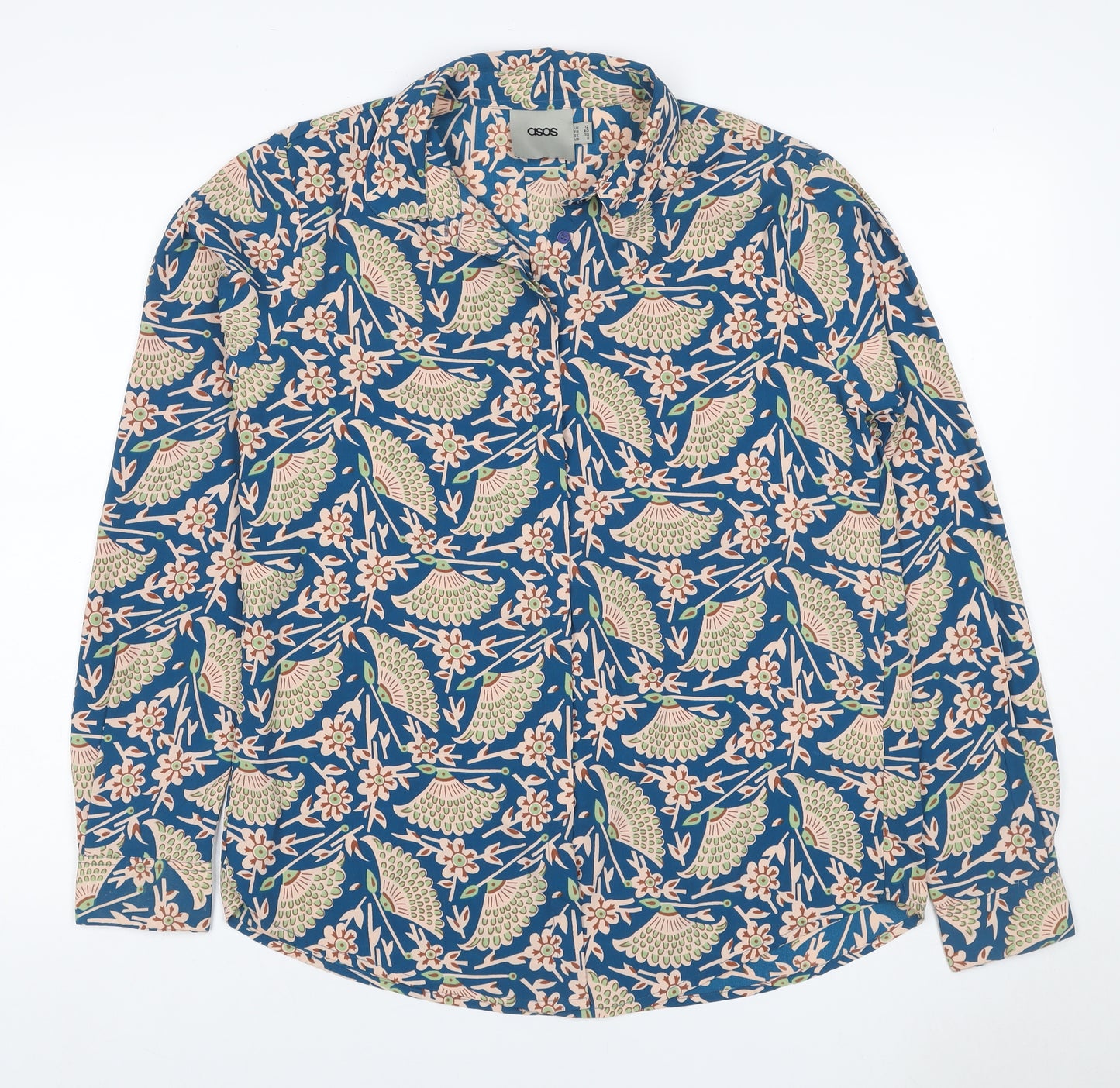 ASOS Women Blue Bird Floral Viscose Button-Up Shirt UK 12