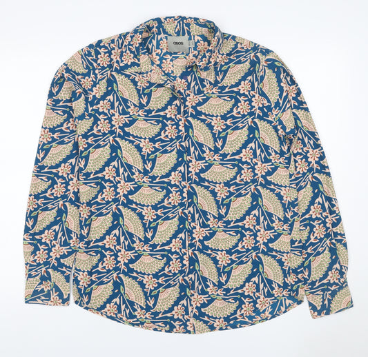 ASOS Women Blue Bird Floral Viscose Button-Up Shirt UK 12