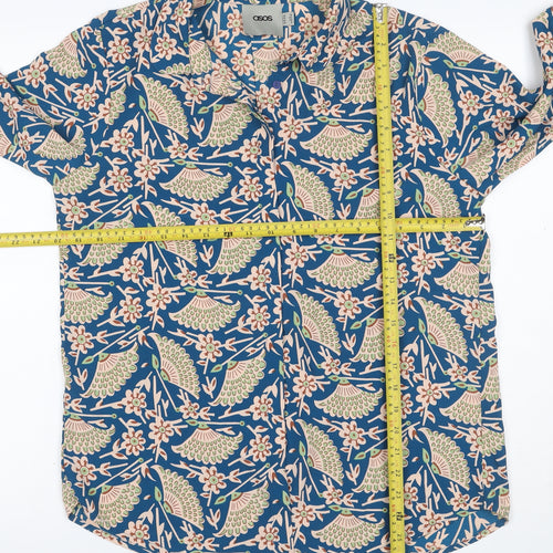 ASOS Women Blue Bird Floral Viscose Button-Up Shirt UK 12