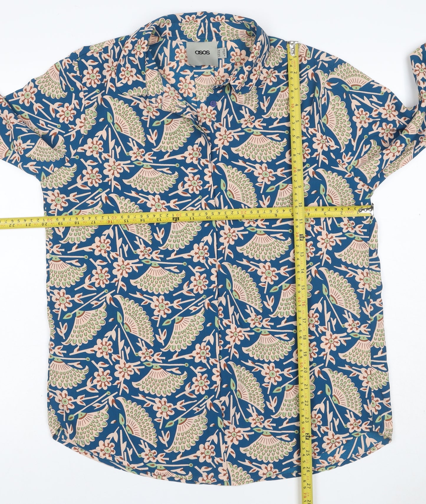 ASOS Women Blue Bird Floral Viscose Button-Up Shirt UK 12