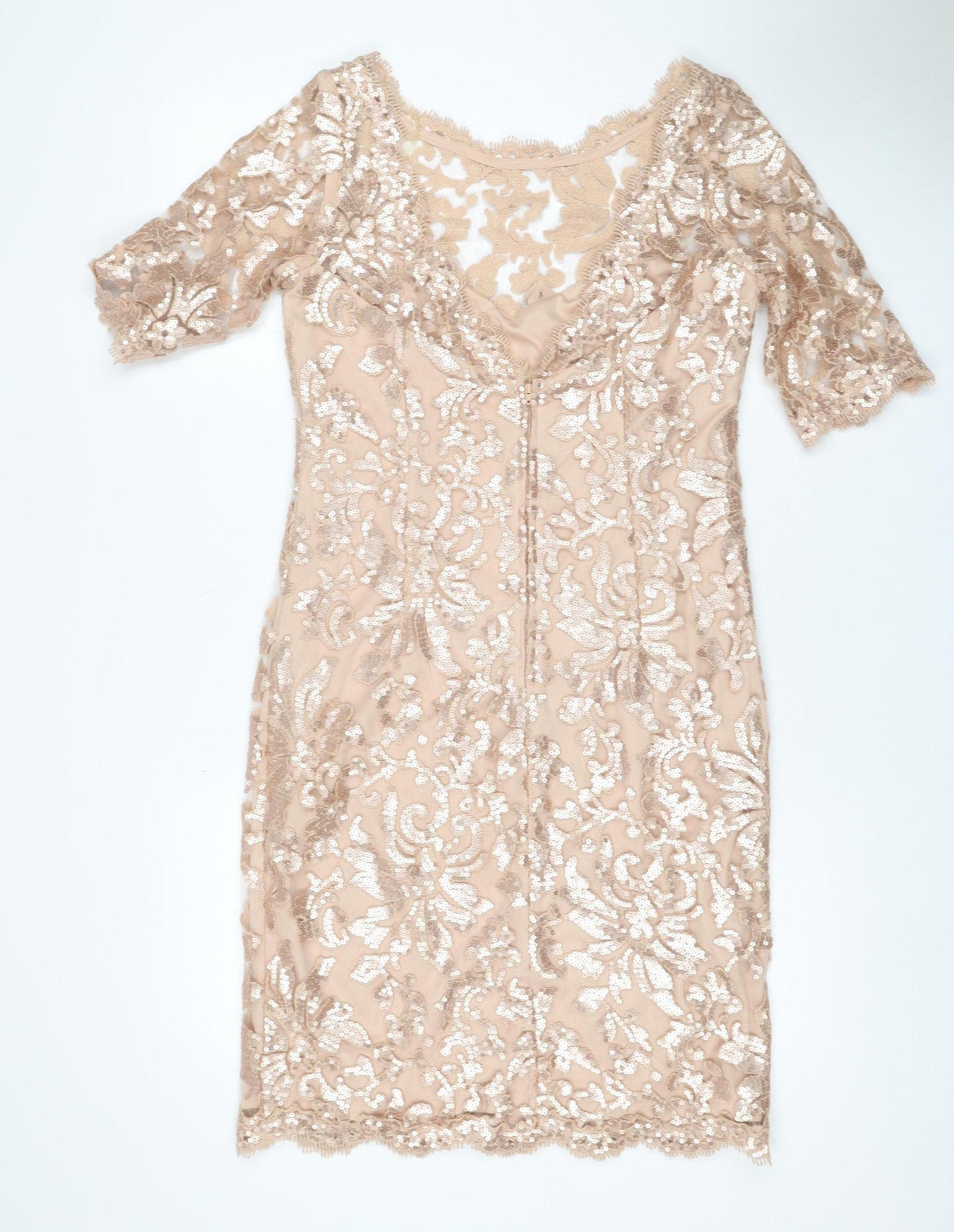 Montique Women’s Beige Sequin Lace Bodycon Mini Dress UK 10