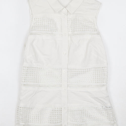 Karen Millen Women White UK 10 Sleeveless Lace Button-Up Tunic Blouse