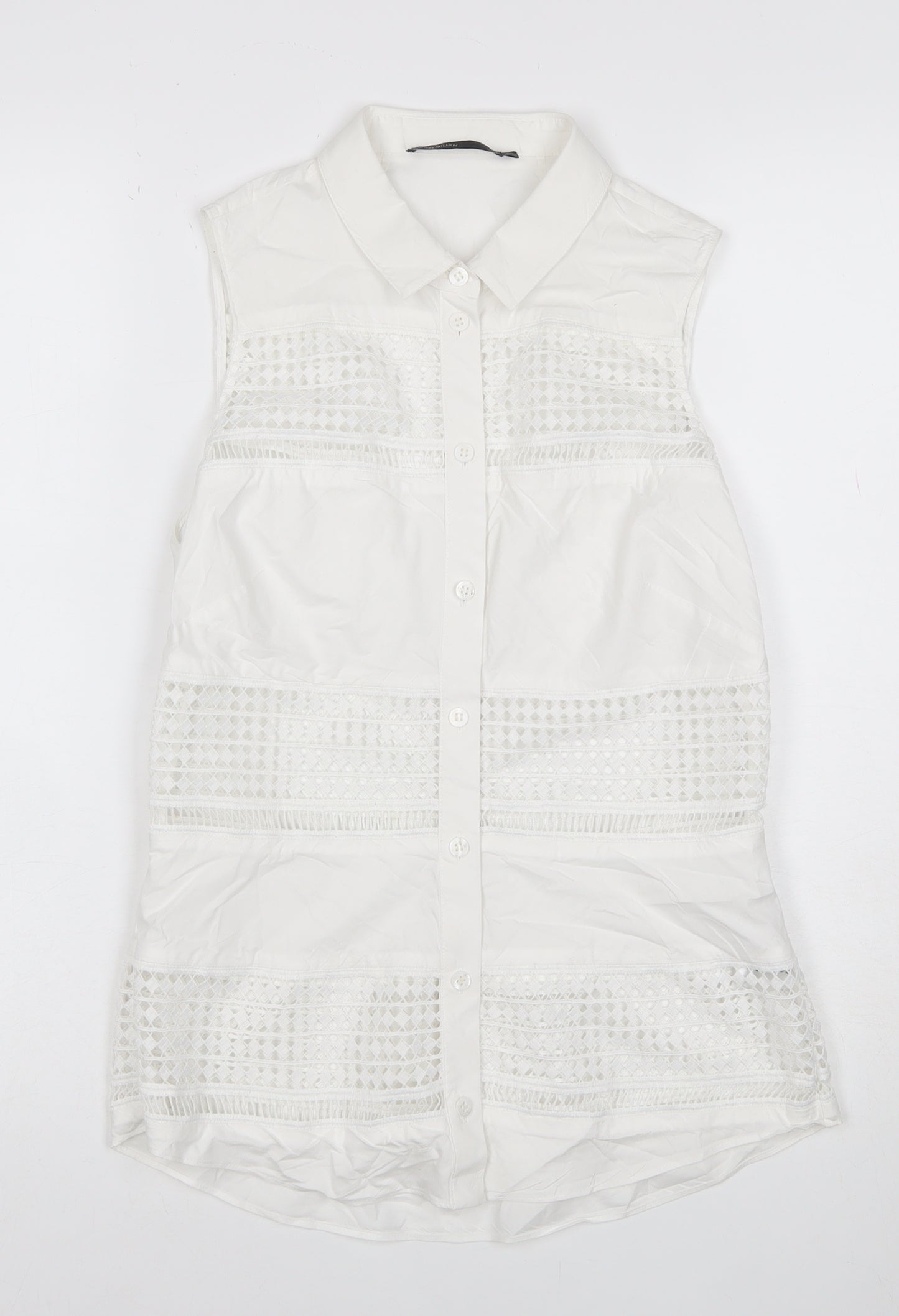 Karen Millen Women White UK 10 Sleeveless Lace Button-Up Tunic Blouse