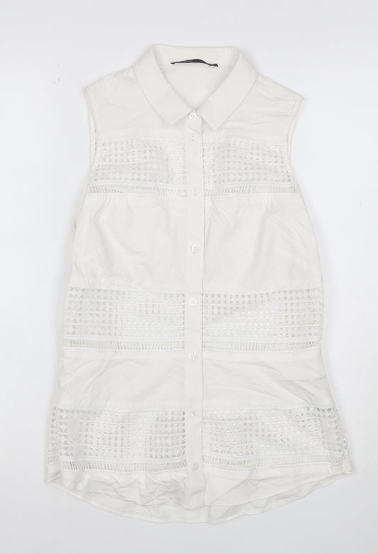 Karen Millen Women White UK 10 Sleeveless Lace Button-Up Tunic Blouse