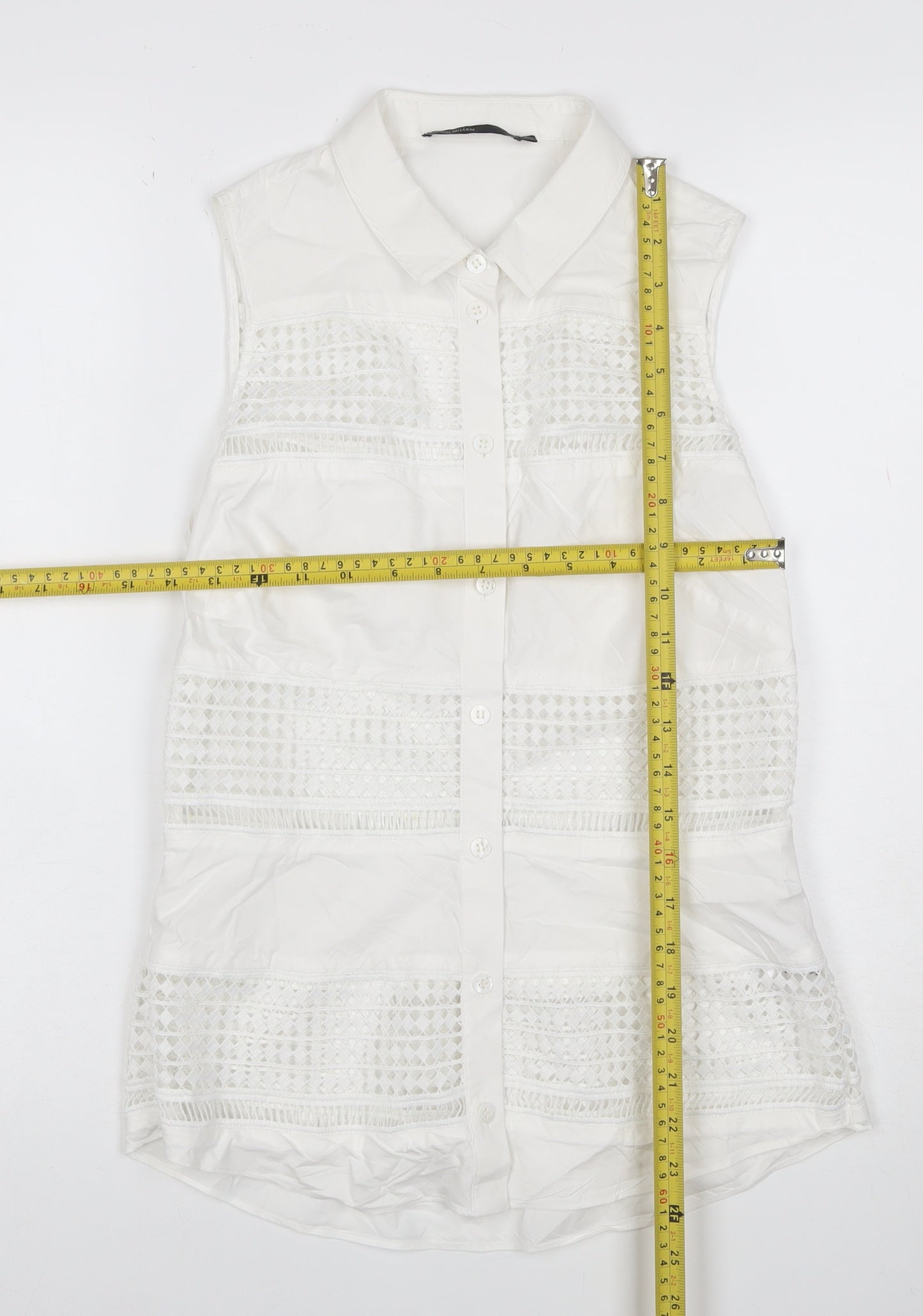 Karen Millen Women White UK 10 Sleeveless Lace Button-Up Tunic Blouse