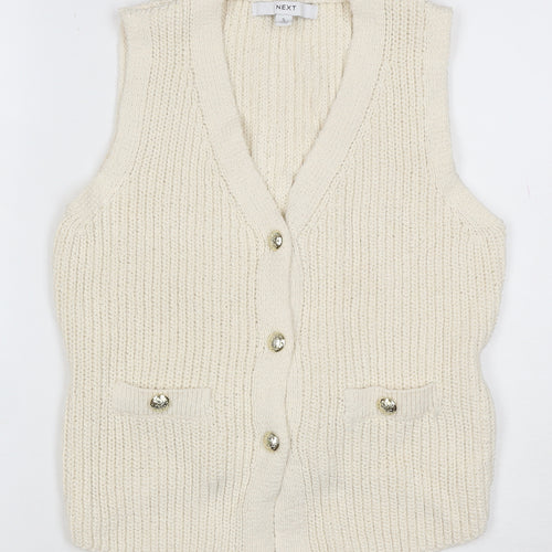 Next Women Ivory Chunky Knit Belted Button Vest Cardigan Size 10