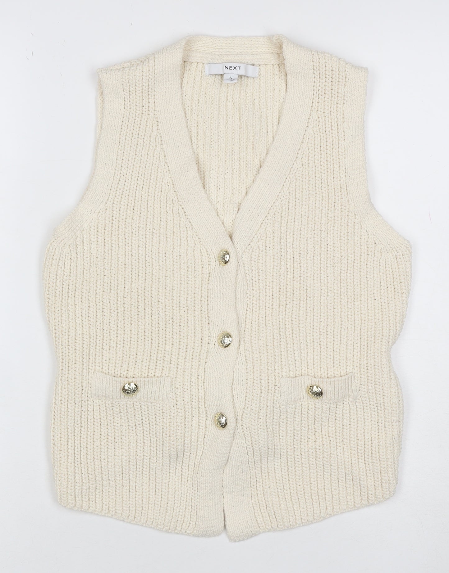 Next Women Ivory Chunky Knit Belted Button Vest Cardigan Size 10