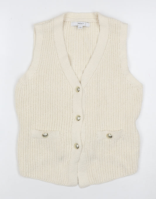 Next Women Ivory Chunky Knit Belted Button Vest Cardigan Size 10