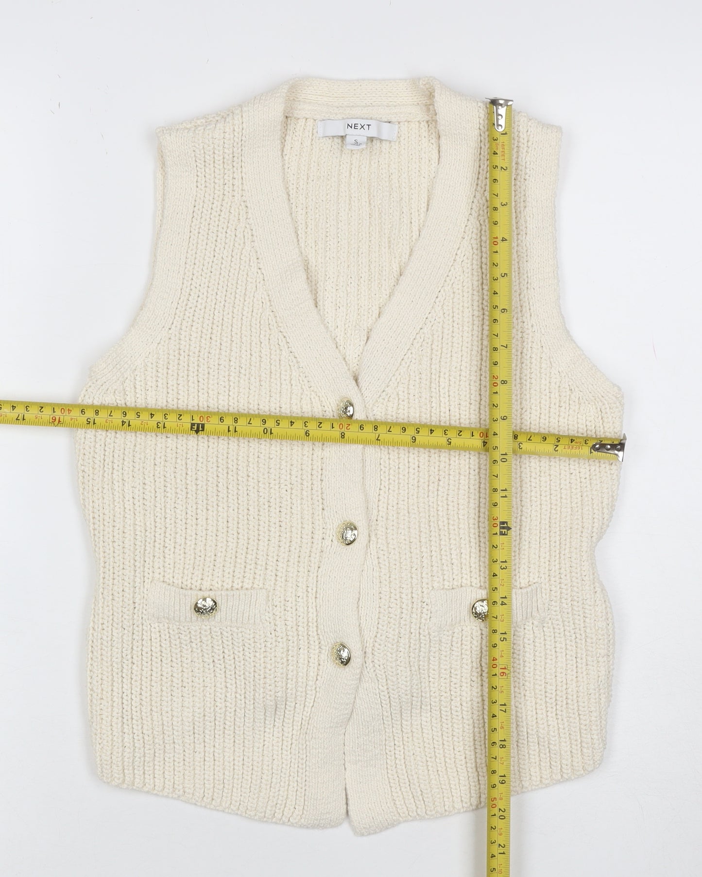 Next Women Ivory Chunky Knit Belted Button Vest Cardigan Size 10