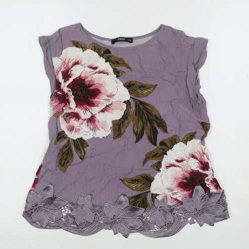 Oasis Women’s Purple Floral Viscose Lace Hem Blouse UK 10 Short Sleeve