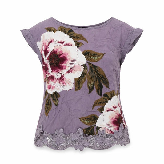 Oasis Women’s Purple Floral Viscose Lace Hem Blouse UK 10 Short Sleeve
