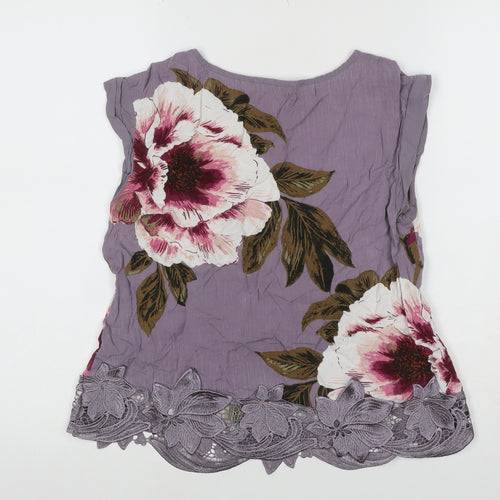 Oasis Women’s Purple Floral Viscose Lace Hem Blouse UK 10 Short Sleeve