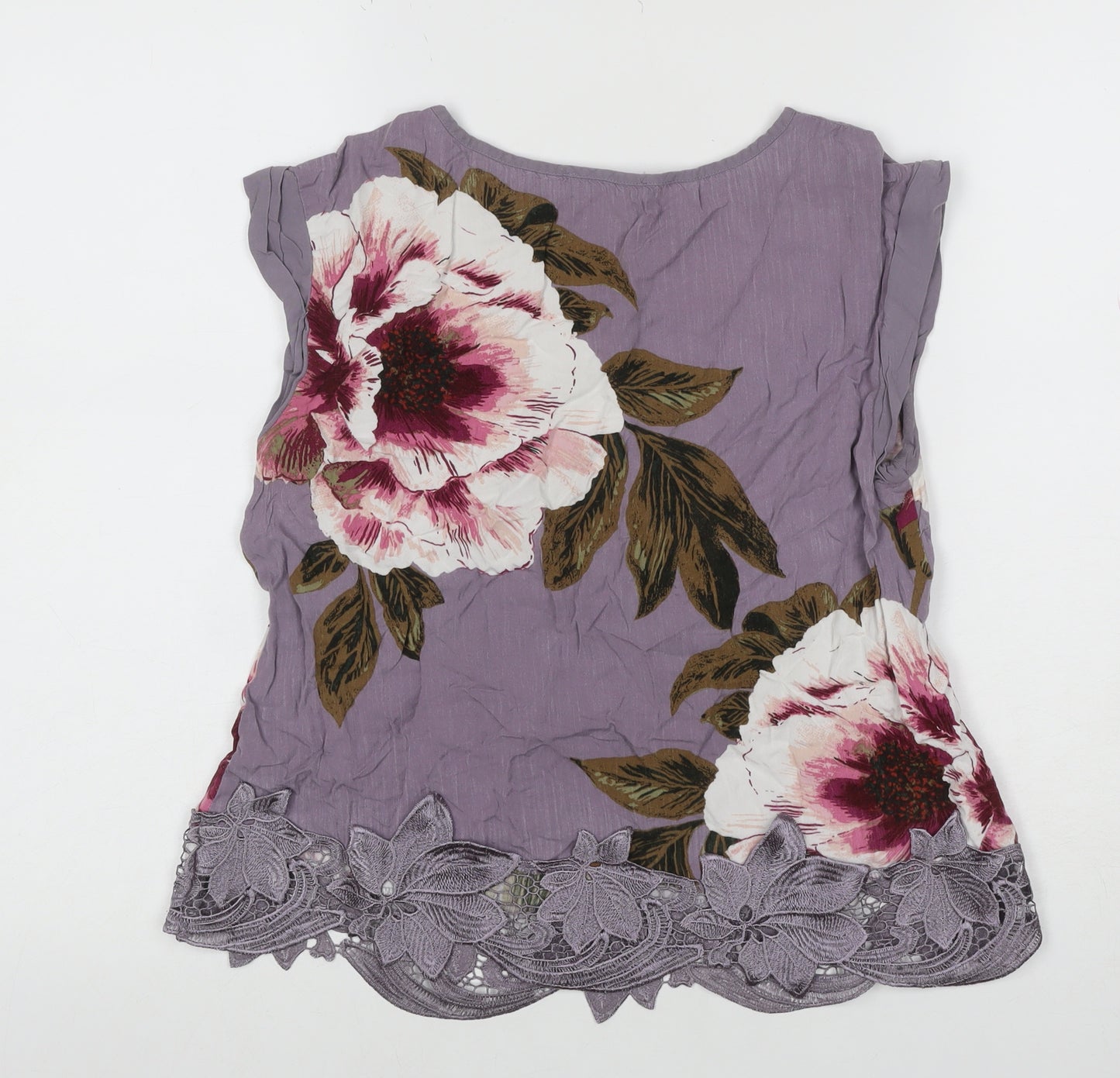 Oasis Women’s Purple Floral Viscose Lace Hem Blouse UK 10 Short Sleeve
