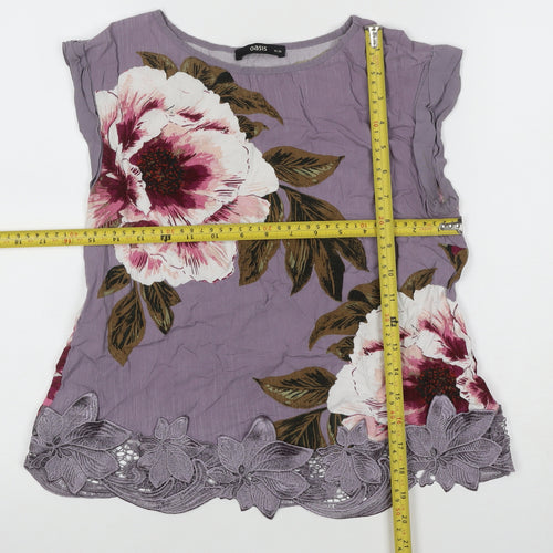 Oasis Women’s Purple Floral Viscose Lace Hem Blouse UK 10 Short Sleeve