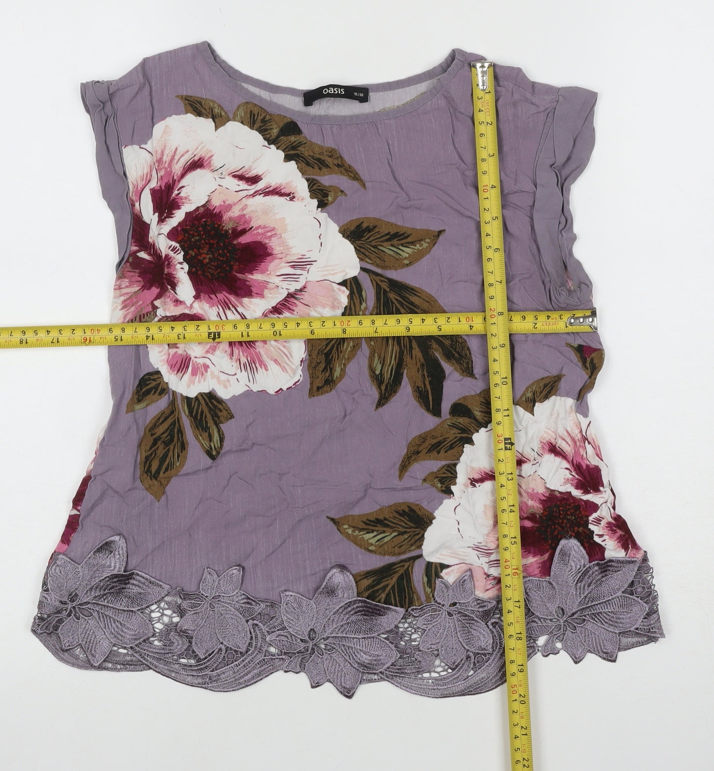 Oasis Women’s Purple Floral Viscose Lace Hem Blouse UK 10 Short Sleeve