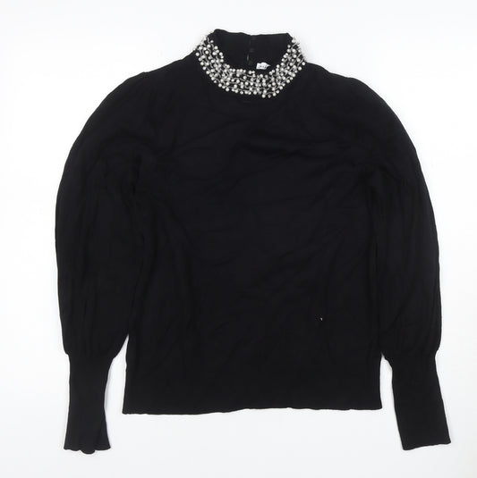 Warehouse Women Black UK 14 Embellished High Neck Knit Jumper