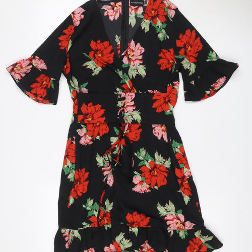 PrettyLittleThing Women Black Floral Fit & Flare Dress UK 10 Bell Sleeve