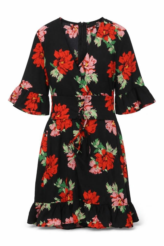 PrettyLittleThing Women Black Floral Fit & Flare Dress UK 10 Bell Sleeve