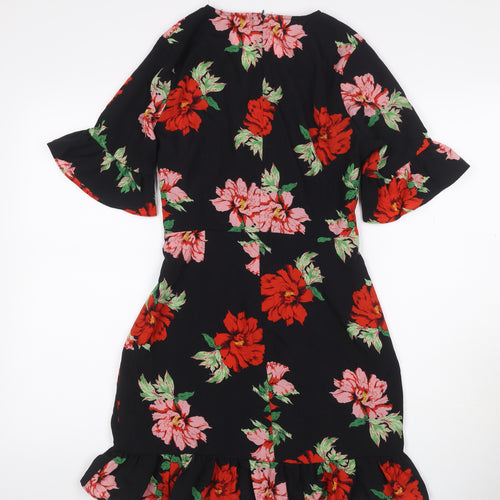 PrettyLittleThing Women Black Floral Fit & Flare Dress UK 10 Bell Sleeve