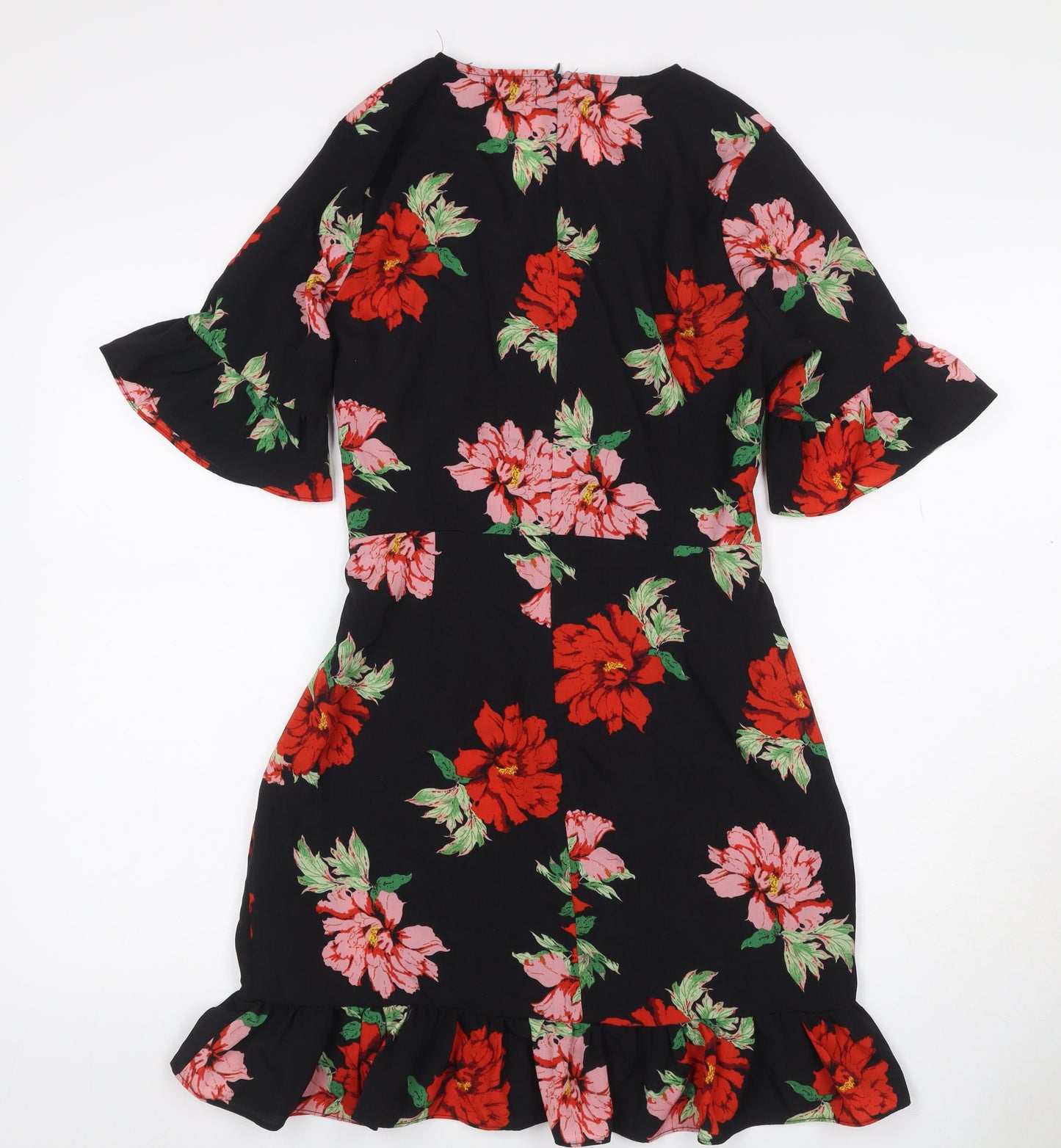PrettyLittleThing Women Black Floral Fit & Flare Dress UK 10 Bell Sleeve