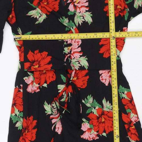 PrettyLittleThing Women Black Floral Fit & Flare Dress UK 10 Bell Sleeve