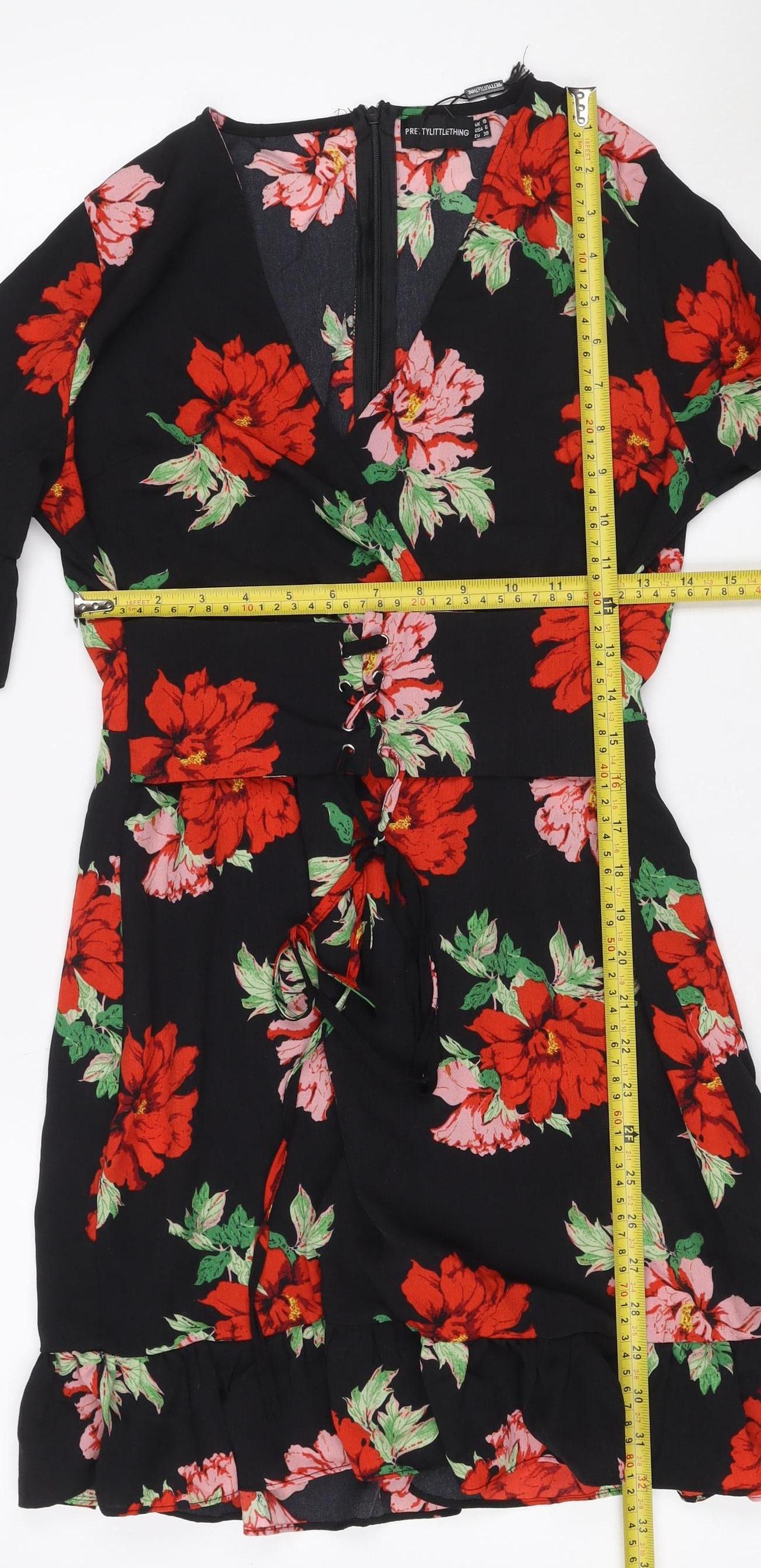 PrettyLittleThing Women Black Floral Fit & Flare Dress UK 10 Bell Sleeve