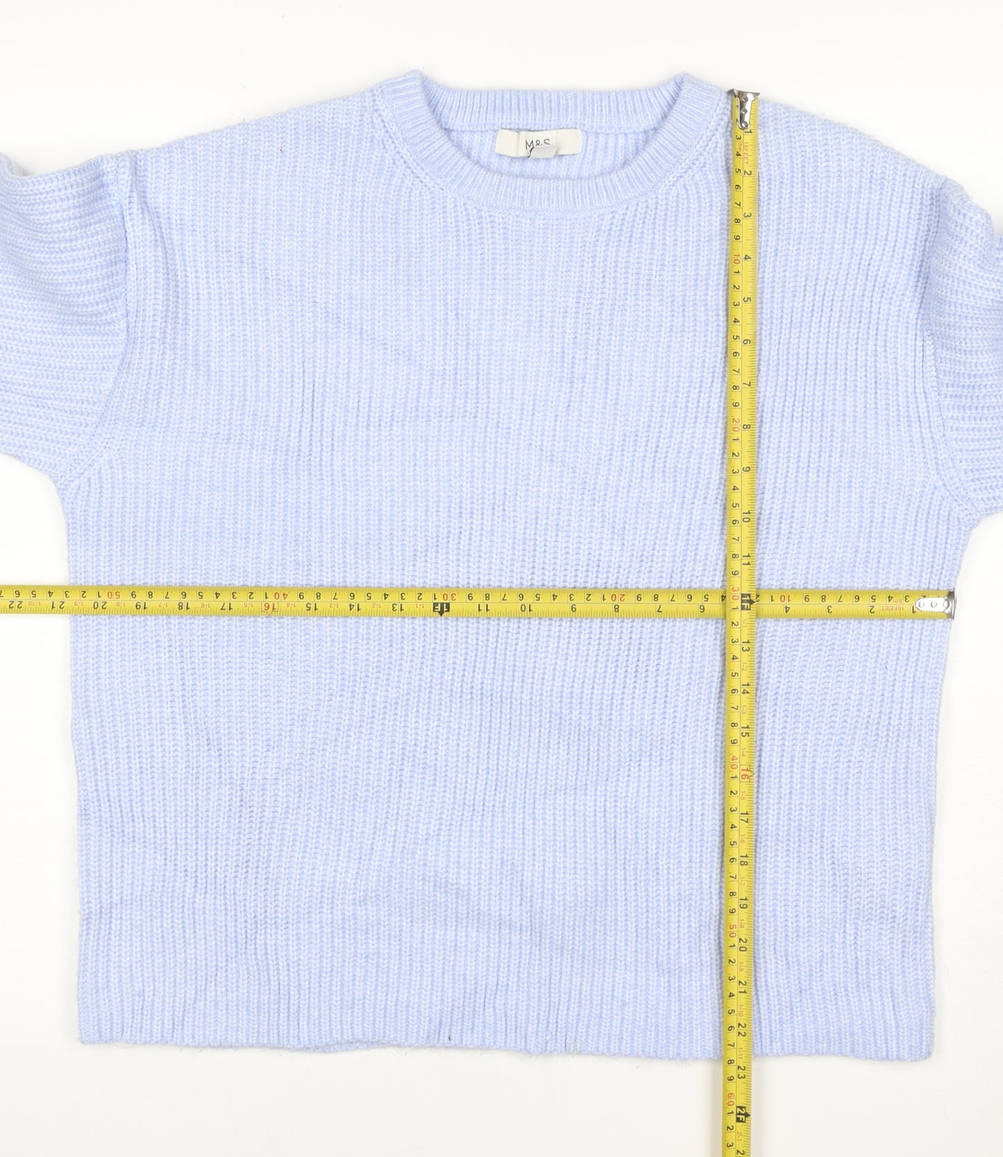 Marks & Spencer Women Blue M Crew Neck Rib Knit Jumper Long Sleeve