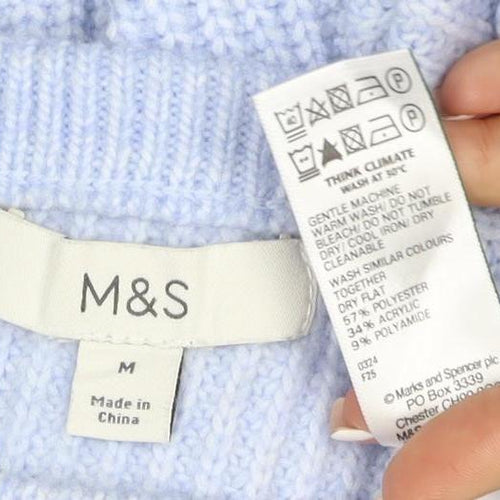 Marks & Spencer Women Blue M Crew Neck Rib Knit Jumper Long Sleeve