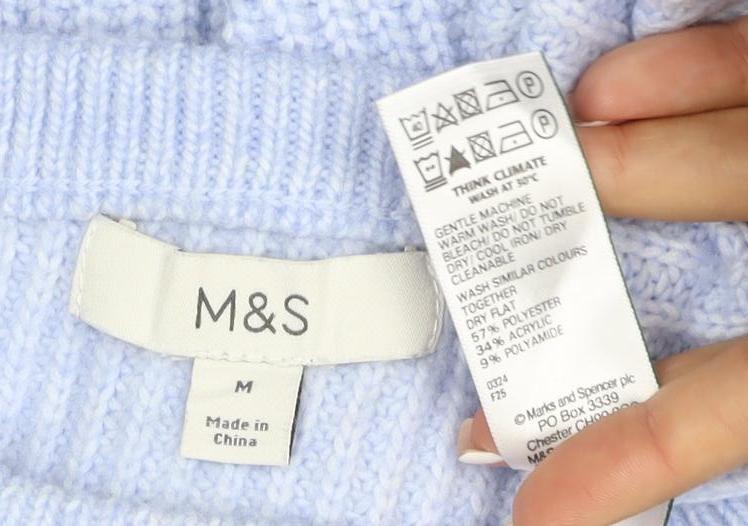 Marks & Spencer Women Blue M Crew Neck Rib Knit Jumper Long Sleeve