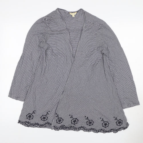 Monsoon Women Black White Striped Beaded Open Cardigan Size L V-Neck