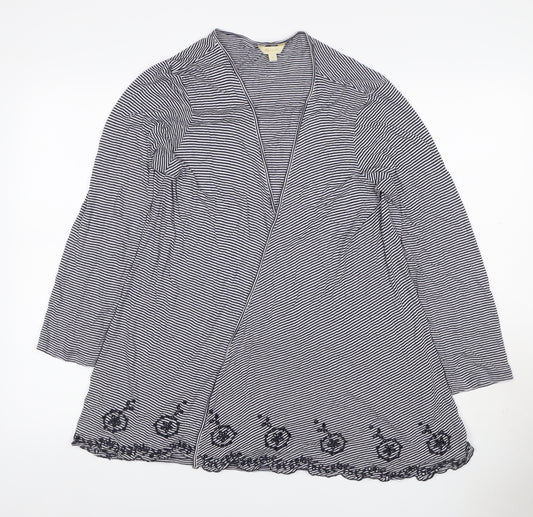 Monsoon Women Black White Striped Beaded Open Cardigan Size L V-Neck