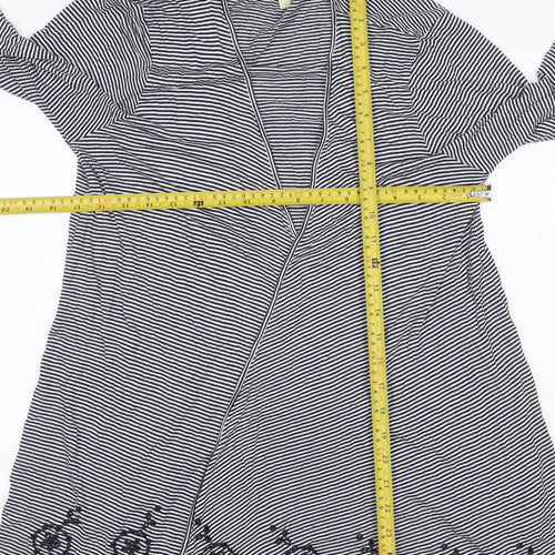 Monsoon Women Black White Striped Beaded Open Cardigan Size L V-Neck