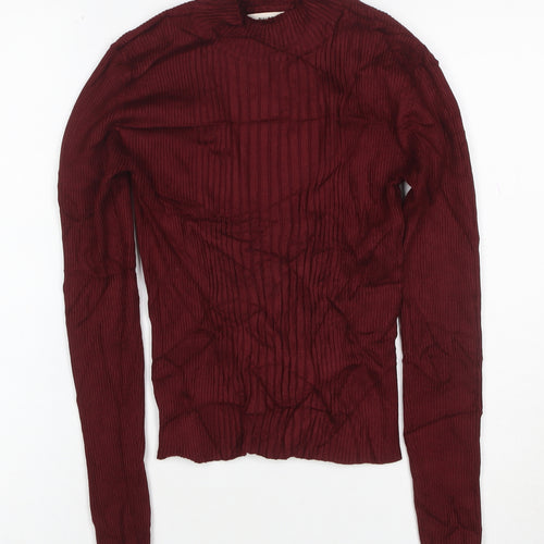 Pull&Bear Women Red M Ribbed Mock Neck Slim Knit Pullover Jumper