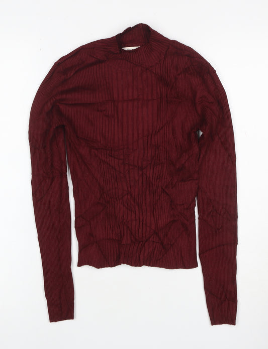 Pull&Bear Women Red M Ribbed Mock Neck Slim Knit Pullover Jumper