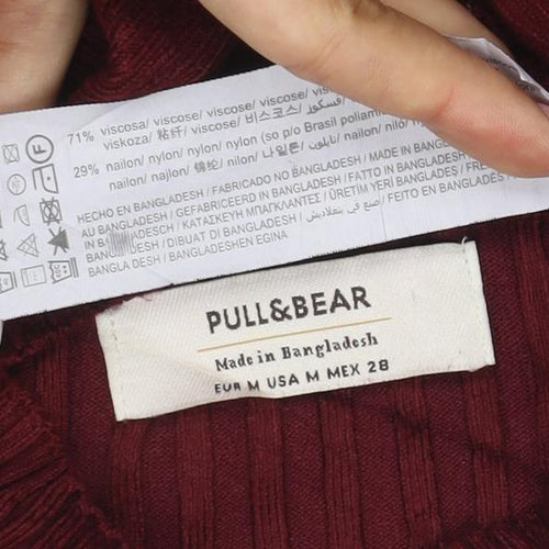 Pull&Bear Women Red M Ribbed Mock Neck Slim Knit Pullover Jumper